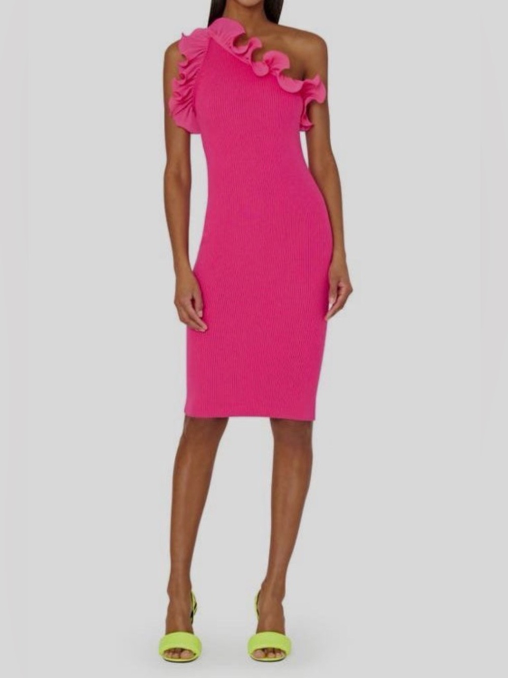 Milly pink ribbed one shoulder ruffle dress medium